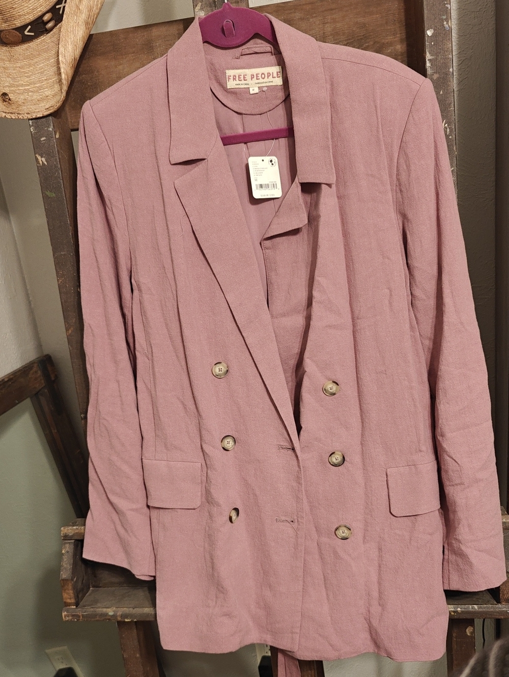 Free People Dusty Mauve Double-Breasted Linen Blazer